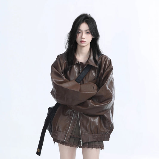 Retro style PU leather jacket for women