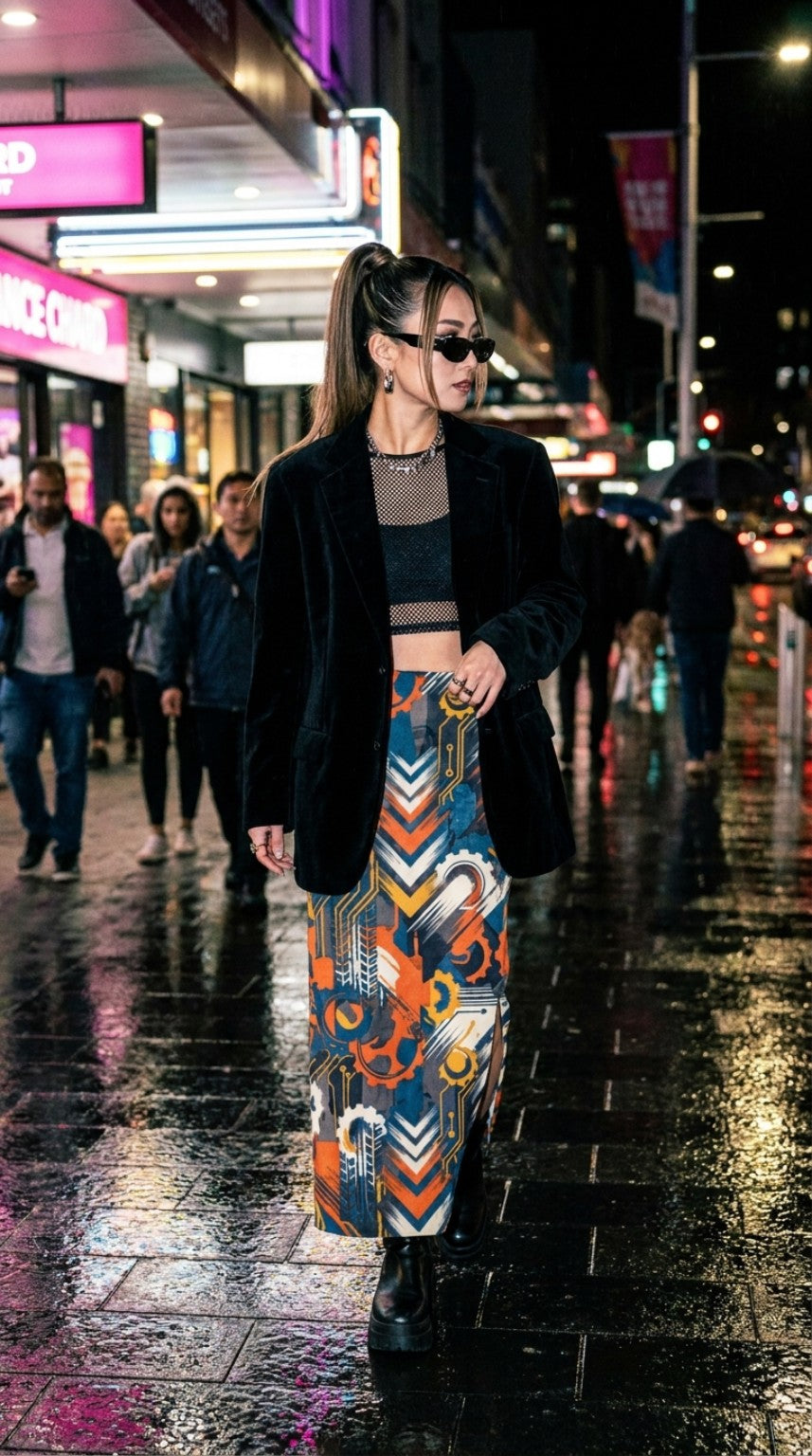 Retro Graphic Midi Pencil Skirt | Women's Vintage High Waist