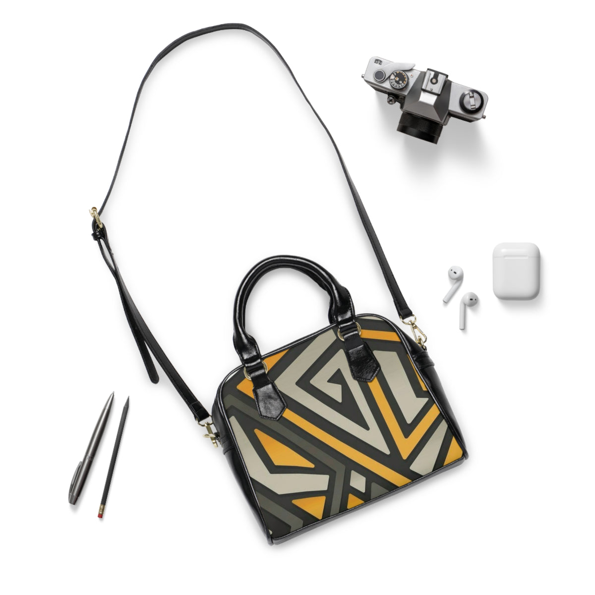 Geo Triangle Shoulder Handbag – Retro Mustard & Charcoal Pattern