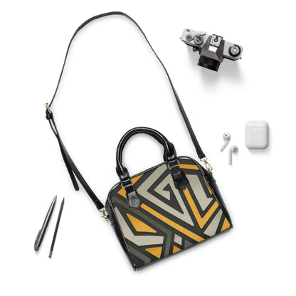 Geo Triangle Shoulder Handbag – Retro Mustard & Charcoal Pattern