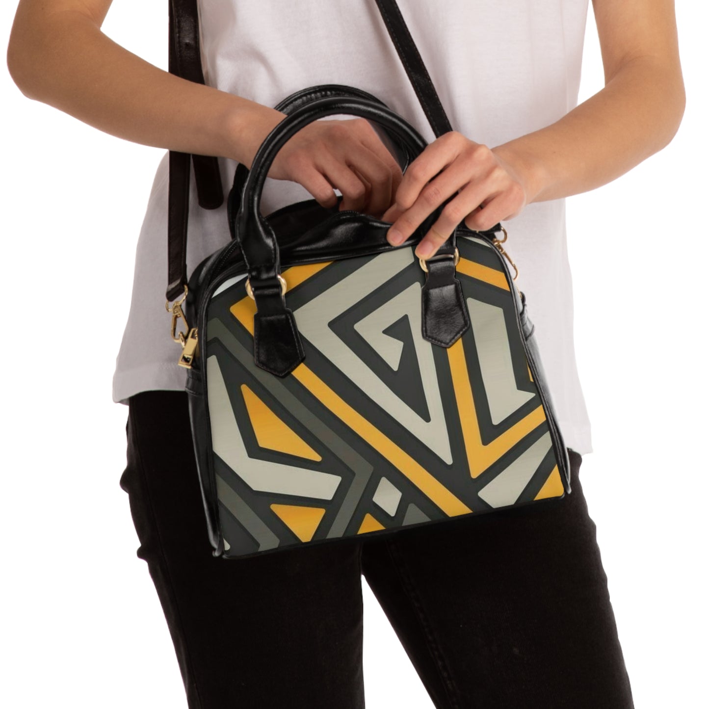 Geo Triangle Shoulder Handbag – Retro Mustard & Charcoal Pattern