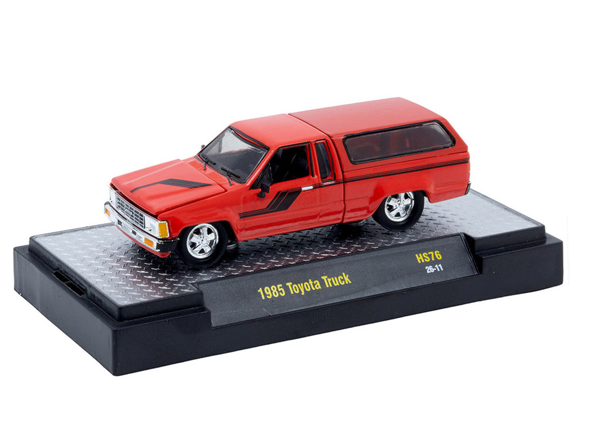 1985 Toyota SR5 Pickup Truck with Camper Shell Red with Black Stripes Limited Edition to 19844 pieces Worldwide 1/64 Diecast Model Car by M2 Machines