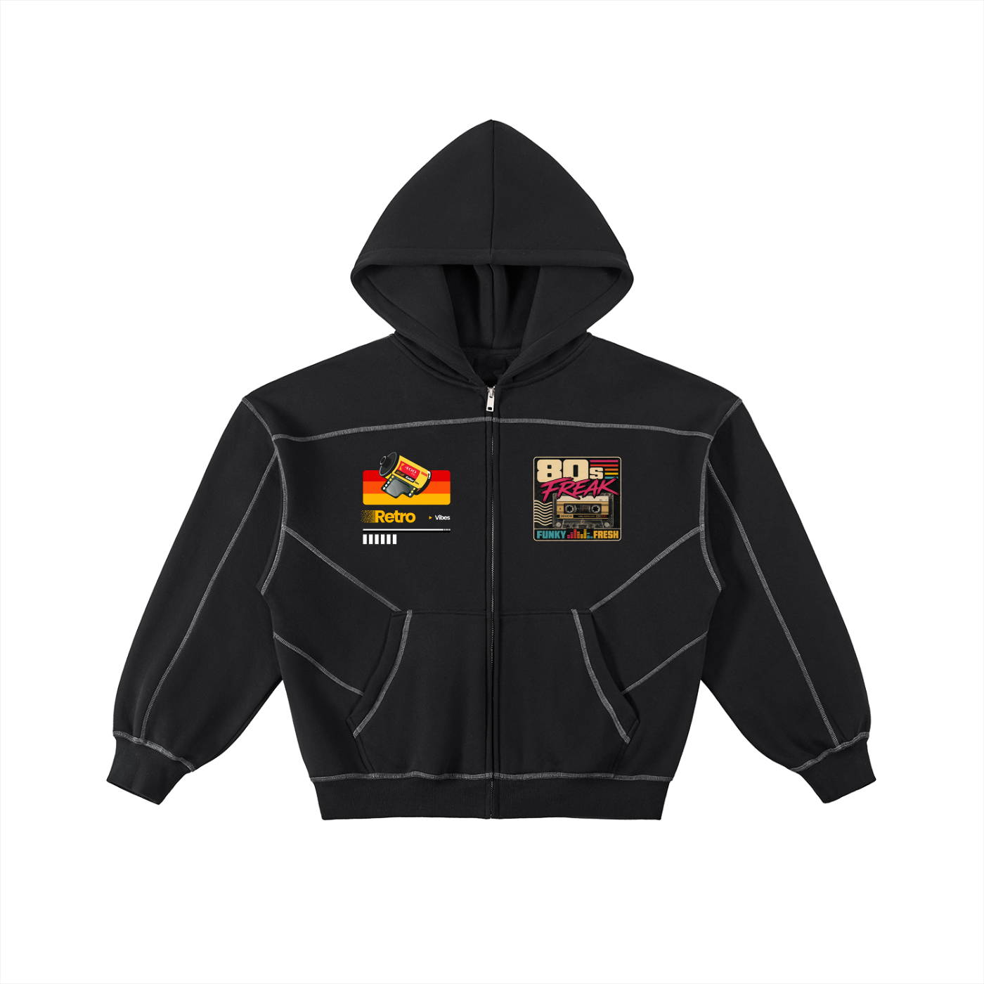 Contrast-Stitched Boxy Fleece Zip Hoodie