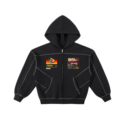 Contrast-Stitched Boxy Fleece Zip Hoodie