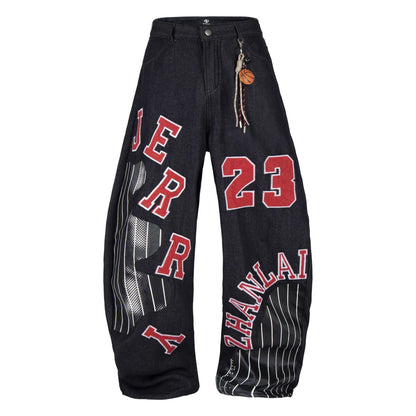 Retro printed patchwork embroidered jeans