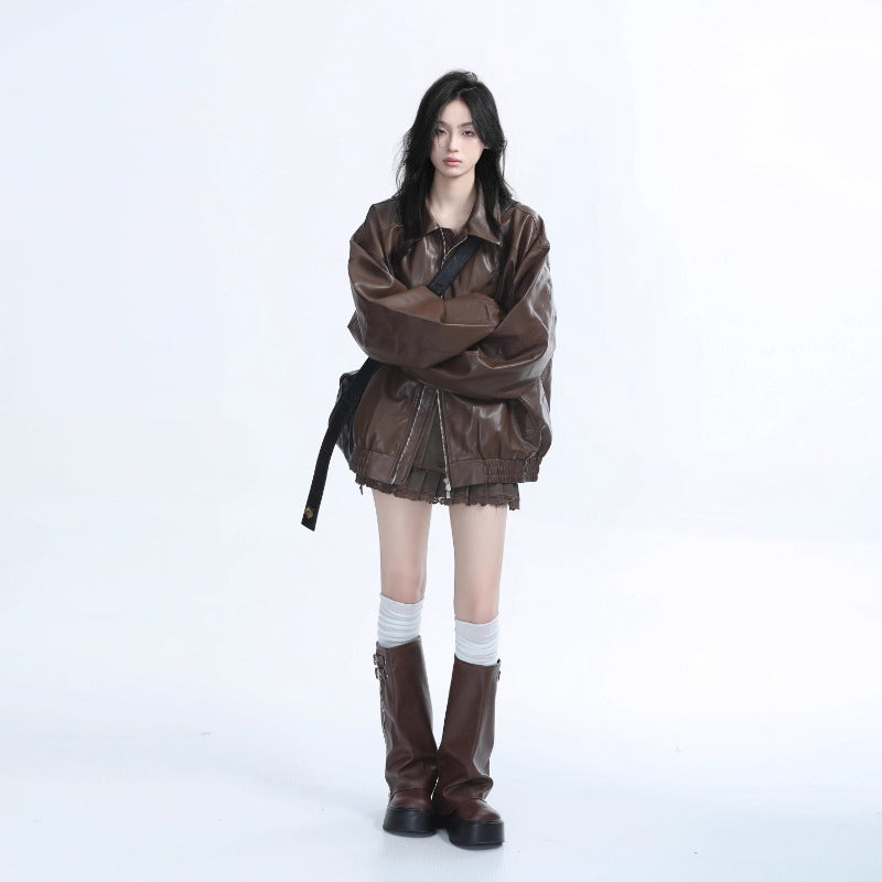 Retro style PU leather jacket for women