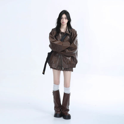 Retro style PU leather jacket for women