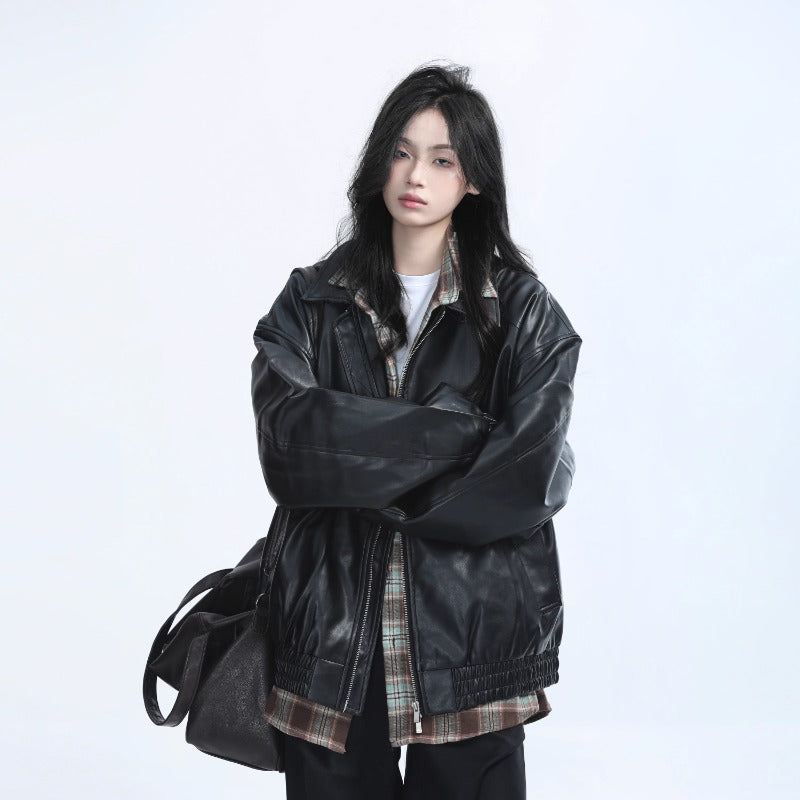 Retro style PU leather jacket for women