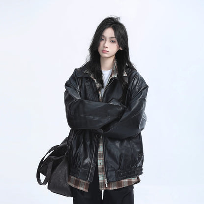 Retro style PU leather jacket for women