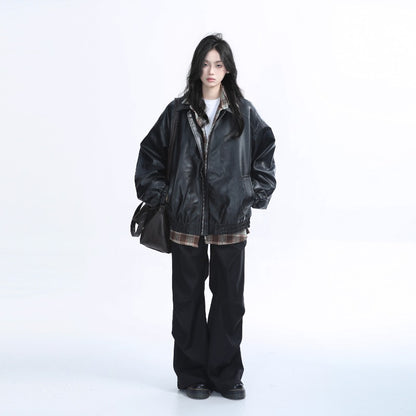 Retro style PU leather jacket for women