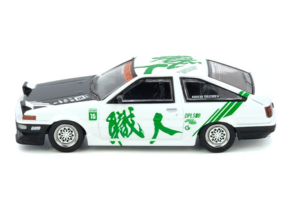 Toyota Sprinter Trueno (AE86) RHD (Right Hand Drive) #15 "Keiichi Tsuchiya" White with Green Graphics 1/64 Diecast Model Car by Inno Models