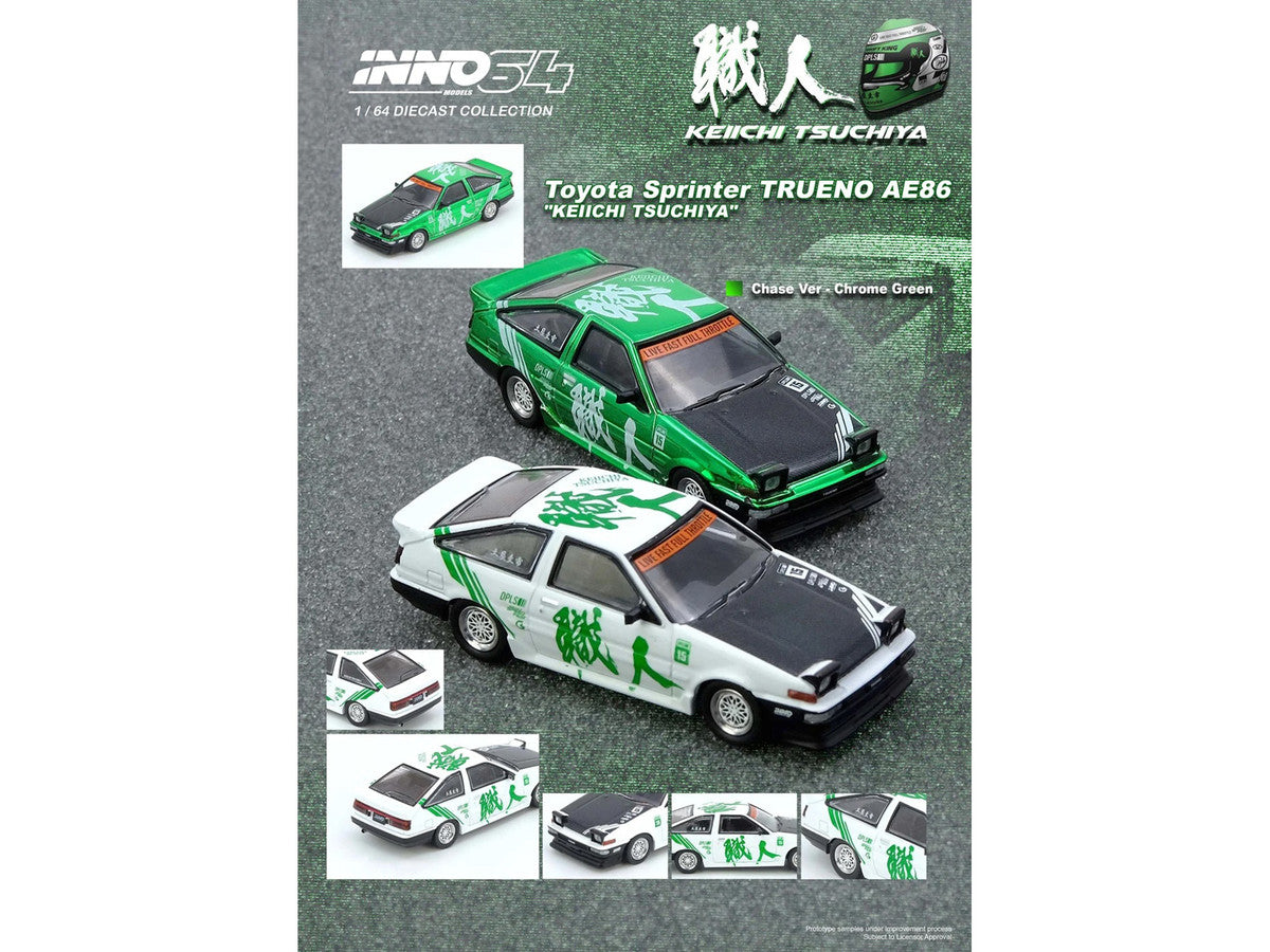 Toyota Sprinter Trueno (AE86) RHD (Right Hand Drive) #15 "Keiichi Tsuchiya" White with Green Graphics 1/64 Diecast Model Car by Inno Models