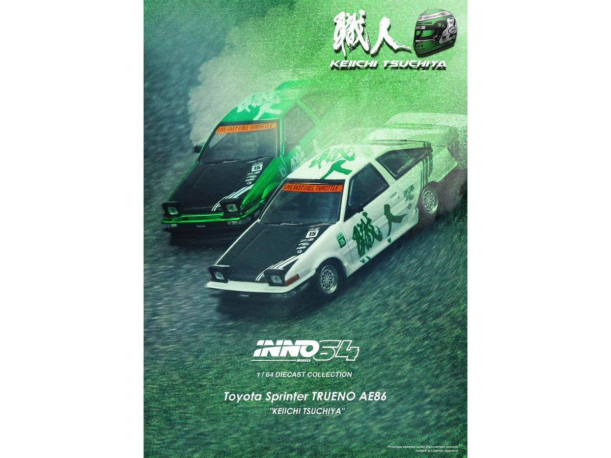 Toyota Sprinter Trueno (AE86) RHD (Right Hand Drive) #15 "Keiichi Tsuchiya" White with Green Graphics 1/64 Diecast Model Car by Inno Models