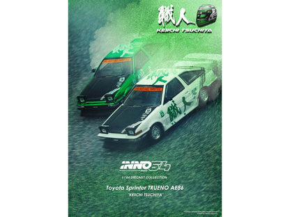 Toyota Sprinter Trueno (AE86) RHD (Right Hand Drive) #15 "Keiichi Tsuchiya" White with Green Graphics 1/64 Diecast Model Car by Inno Models